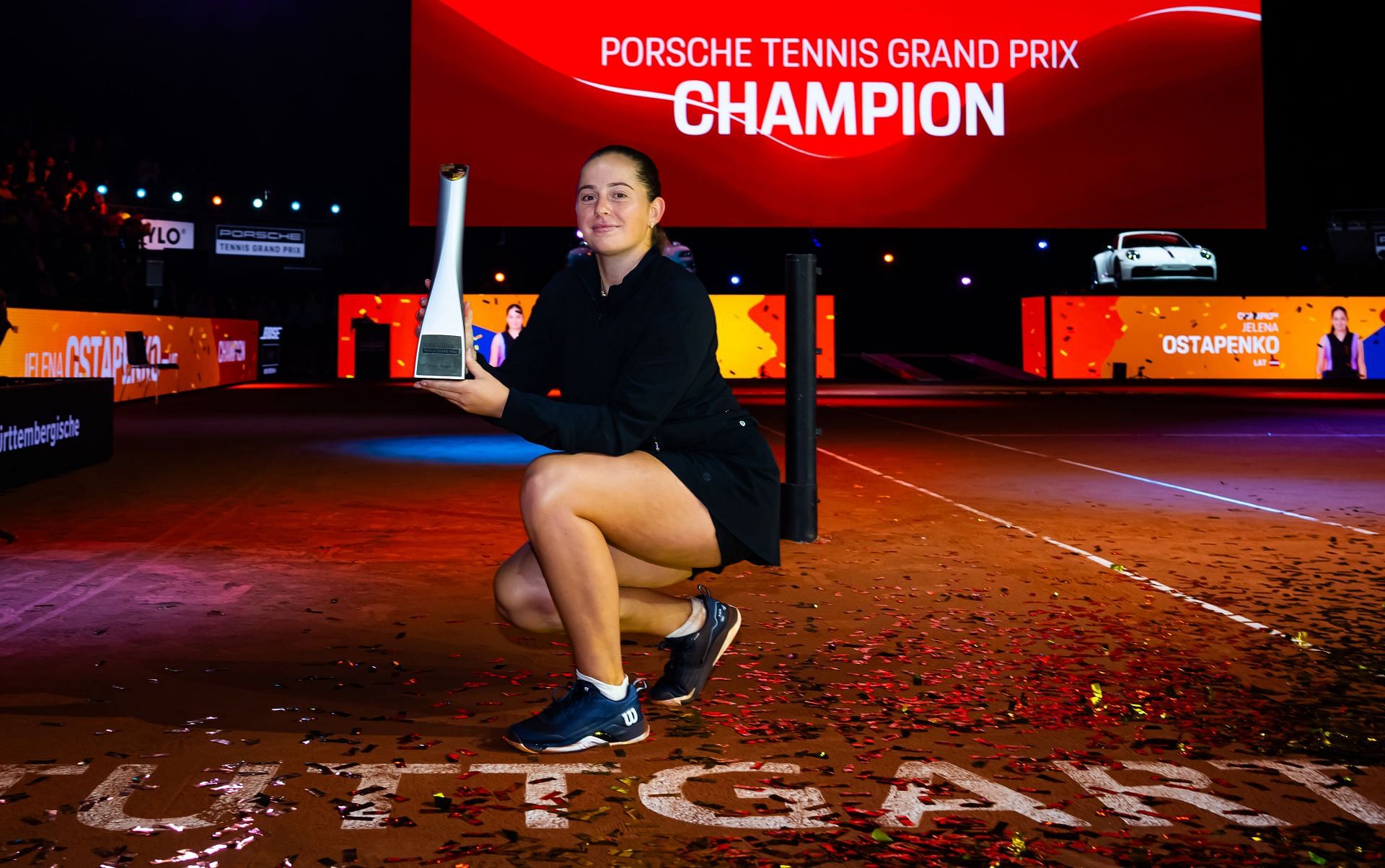 Ostapenko in action at the Porsche Tennis Grand Prix - Source: Getty